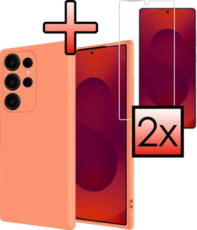 Hoesje - Met 2x Screenprotector - Geschikt voor Samsung Galaxy S25 Ultra - Sterk & Shockproof - Back Cover - Siliconen Case - Telefoon Hoes - Perzik
