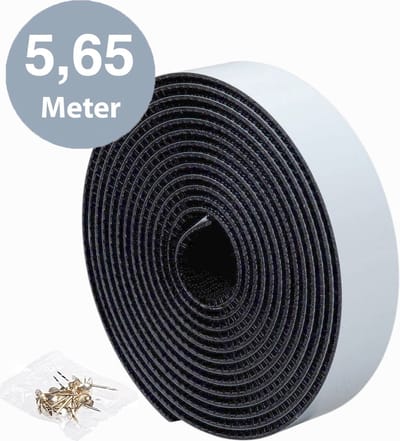 ForDig Klittenband zelfklevend zwart (5,65 meter) – Extra sterke Klitteband - Vliegengordijn tape - Inclusief Punaises