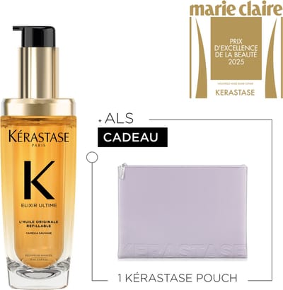 Kérastase Elixir Ultime L'Huile Originale Navulbare Haarolie + Cadeau - Elixir Ultime Olie 75ml + Flatpouch Cadeau - Met Camelia & Arganolie Voor Intense Voeding, Glans, Anti-frizz & Hittebescherming, Voor Elk Haartype