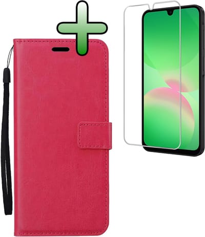 Hoesje Met Screenprotector - Geschikt voor Samsung Galaxy A26 - Luxe Pasjeshouder - Bookcase Portemonee - Flip Case - Kunstleer Book Case - Flipcase - Book Cover - Walletcase - Portemonneehoes - Donkerroze