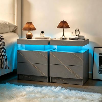 HAUSS SPOLE Bedtafel - Set Van 2 Met Verstelbare Ledverlichting En 2 Lades - Voor Slaapkamer En Woonkamer - Spaanplaat - 49x34,8x52,1 Cm - Grijs Goud