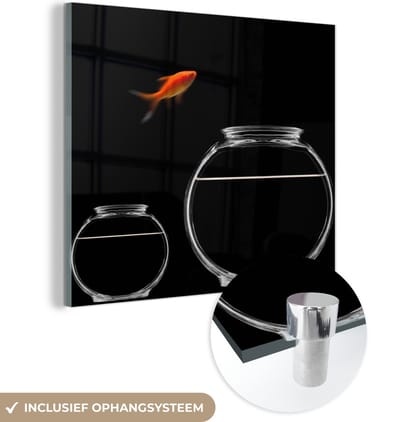 MuchoWow® Glasschilderij 50x50 cm - Schilderij acrylglas - Goudvis - Vissenkom - Zwart - Foto op glas - Schilderijen
