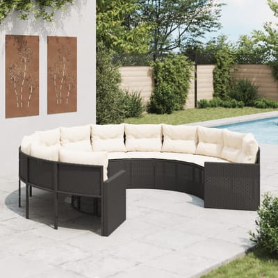 vidaXL - Tuinbank - met - kussens - rond - poly - rattan - zwart