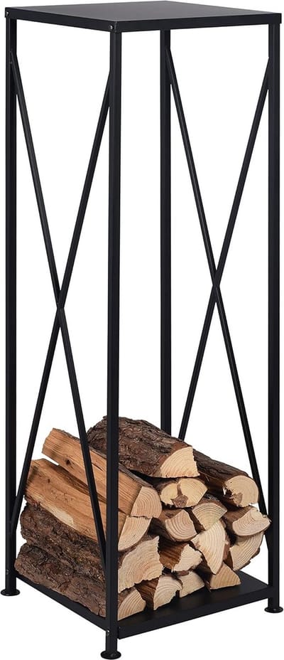 Haardhoutstandaard 34 x 34 x 111 cm, zwart, modern design, gepoedercoat ijzer