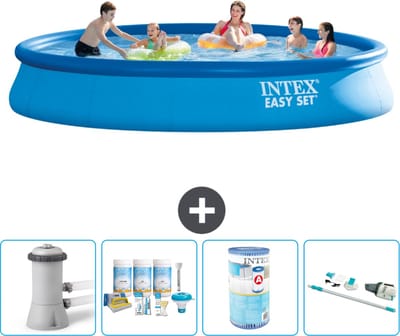 Intex Rond Opblaasbaar Easy Set Zwembad - 457 x 84 cm - Blauw - Inclusief Pomp - Onderhoudspakket - Filter - Stofzuiger - 5-delig