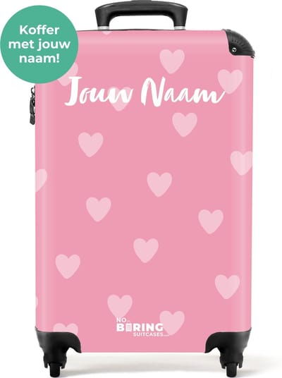 NoBoringSuitcases.com® - Kindertrolley roze hartjes - Meisjes koffer met naam - Trolley koffer kinderen - Rolkoffer met wieltjes - Past binnen 55x40x20 en 55x35x25