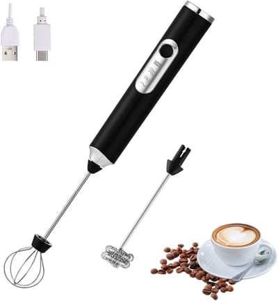 Elektrische melkopschuimer - Draagbare melkopschuimer met twee koppen - Drie instelbare snelheden - Eén garde en één melkopschuimer - Met USB-oplaadpoort - Lange batterijduur - Melkopschuimer voor latte, cappuccino, macchiato, eieren - Zwart
