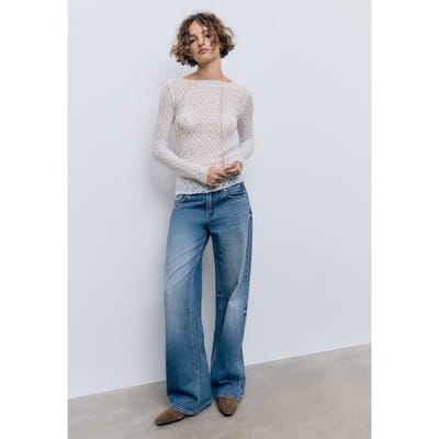Stradivarius T-shirt van kant met lange mouwen  Ecru XS