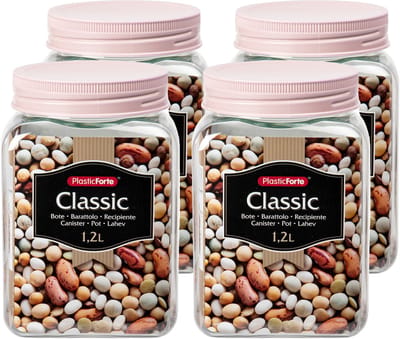 Plasticforte keuken voorraadpot - 4x - weckpotten - kunststof - roze - 1200 ml - met deksel - 10 x 15 cm - inmaakpotten