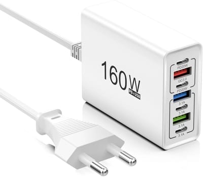 160W USB Snellader met Meerdere Poorten - 7-Poorts USB-A & Type-C Muuradapter - EU-Stekker - Wit