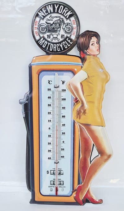 Blikken thermometer HK222 Motorcycle New York Riders groot model voor binnen of buiten LIVE TO RIDE hoogte 48 cm - celsius en fahrenheit nostalgic vintage art