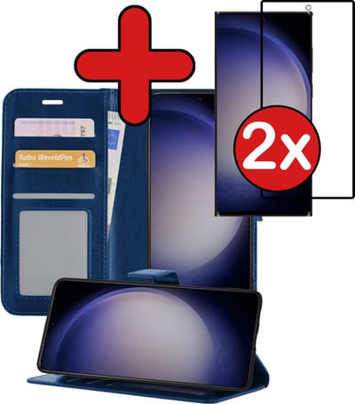 Hoesje - Met 2x Screenprotector - Geschikt voor Samsung Galaxy S23 Ultra - Luxe Pasjeshouder - Flip Case - Bookcase Portemonee - Kunstleer Book Case - Flipcase Hoes - Book Cover - Walletcase - Portemonneehoes - Telefoonhoes - Donkerblauw