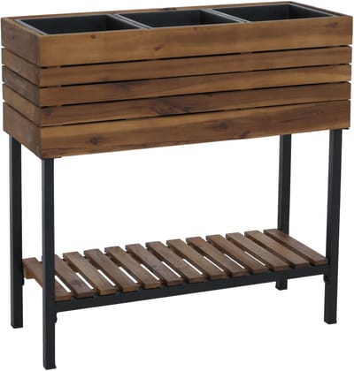Verhoogd plantenbed MCW-P84, plantenbak, bloembak, plantenpot, opbergrek voor buiten, acaciahout, MVG 79x80x31 cm ~ bruin