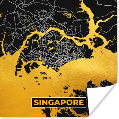 Poster Singapore - Goud - Plattegrond - Stadskaart - Kaart - 100x100 cm XXL