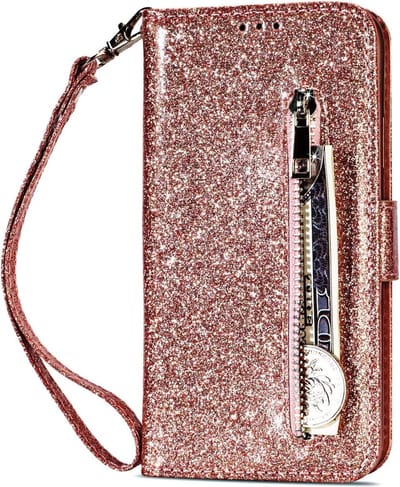 Portemonnee Hoesje - Wallet Case - Rits Sparkly Glitter - Telefoonhoes met Kord Geschikt voor: Samsung Galaxy S10 Plus - Rosegoud