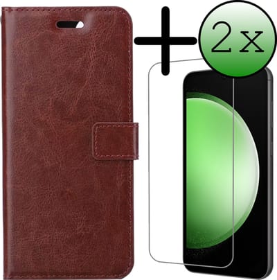 Hoesje Met 2x Screenprotector - Geschikt voor Samsung Galaxy S23 FE - Luxe Pasjeshouder - Bookcase Portemonee - Flip Case - Kunstleer Book Case - Flipcase Hoes - Book Cover - Walletcase - Portemonneehoes - Bruin