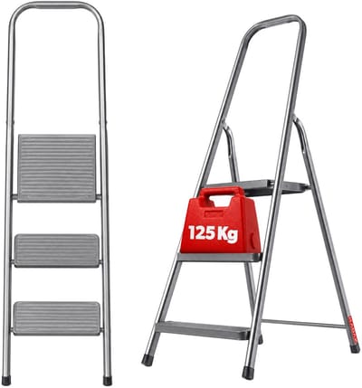 KADAX Trapladder van staal, inklapbare huishoudladder met antislipvoeten, eenzijdige ladder met plank, vouwladder, trapladder, stalen ladder (3 treden)