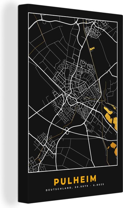 Canvas Schilderij Goud – Duitsland – Plattegrond – Gold – Stadskaart – Kaart – Pulheim - 20x30 cm - Wanddecoratie
