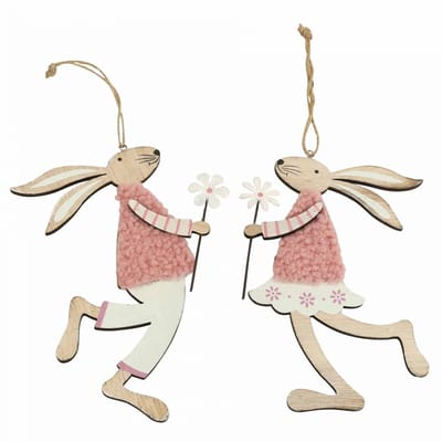 Wanddecoratie Paashaas om op te hangen hout roze 14×19,5cm 4 st, 4 Stü
