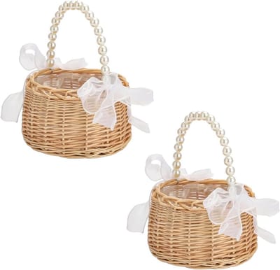 Set van 2 Riet Bloemenmanden voor Meisjes - Rotan Bruiloftsmandjes met Lus en Strik
