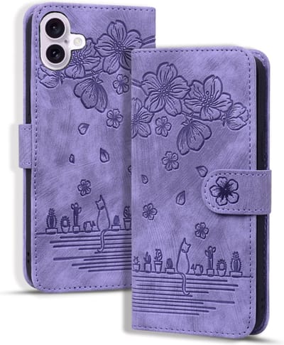 BookCover Hoes Etui geschikt voor iPhone 16 - Paars - Bloemen Kat - Reliëf