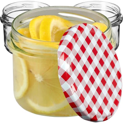 KADAX Kleine inmaakpotten, 235 ml, potten diameter 82, kleine potten voor honing en specerijen, jampotten met deksel, luchtdichte potten om cadeau te geven (rood geruit, 10 stuks)