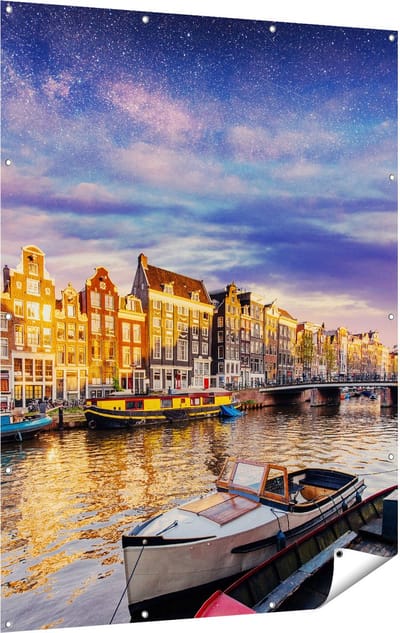 Gards Tuinposter Amsterdamse Gracht in de Nacht met Sterren - 120x160 cm - Tuindoek - Tuindecoratie - Wanddecoratie buiten - Tuinschilderij