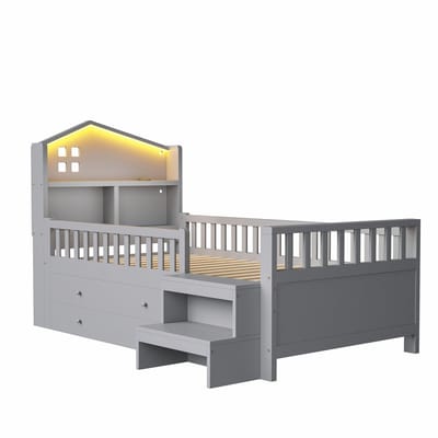 Kinderbed, 90 x 200 cm, met veiligheidshekjes, vier lades, opstapje, ledverlichting, USB- en Type-C-oplaadpoorten, massief houten frame, eenpersoonsbed, grijs.