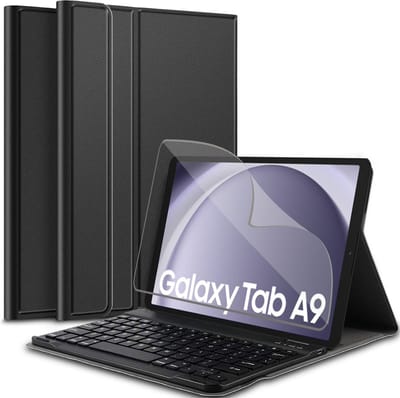 Hoes met Toetsenbord geschikt voor Samsung Tab A9 / Tab A11 - Screen Protector FlexGuard - KeyGuard Book Case Cover Kunstleer Zwart & Screenprotector