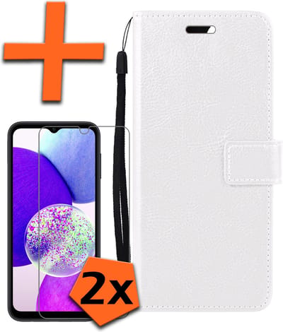 Hoes - Met 2x Screenprotector - Geschikt voor Samsung Galaxy A14 - Luxe Pasjeshouder - Bookcase Portemonee - Flip Case - Kunstleer Book Case - Flipcase Hoes - Book Cover - Walletcase - PortemonneeHoes - Wit