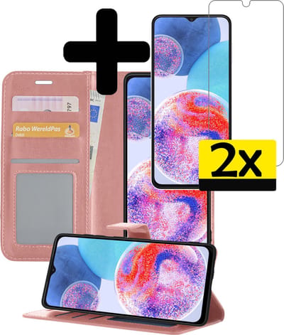 Hoesje - Met 2x Screenprotector - Geschikt voor Samsung Galaxy A23 - Luxe Pasjeshouder - Bookcase Portemonee - Flip Case - Kunstleer Book Case - Flipcase Hoes - Book Cover - Walletcase - Portemonneehoes - Telefoonhoesjes - Rosé goud