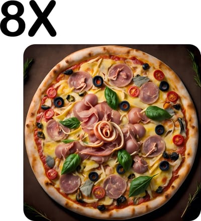 Luxe Placemat - Pizza met Ham en Olijven op Donkere Achtergrond - Set van 8 Placemats - 50x50 cm - 2 mm dik Vinyl - Anti Slip - Afneembaar