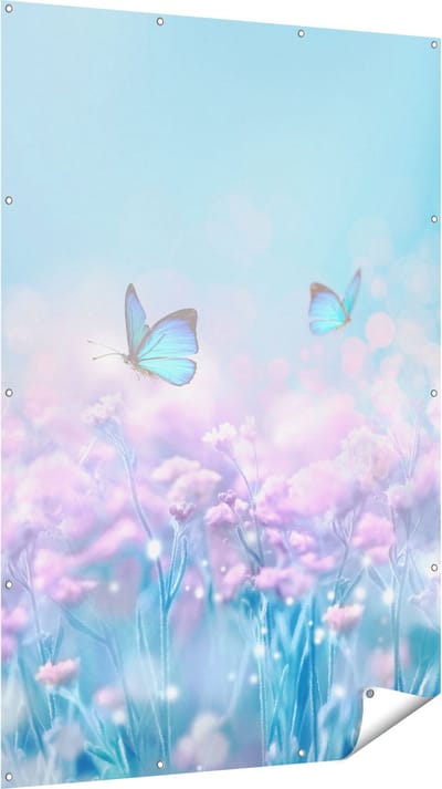 Gards Tuinposter Twee Blauwe Vlinders bij Roze Bloemen - 120x180 cm - Tuindoek - Tuindecoratie - Wanddecoratie buiten - Tuinschilderij