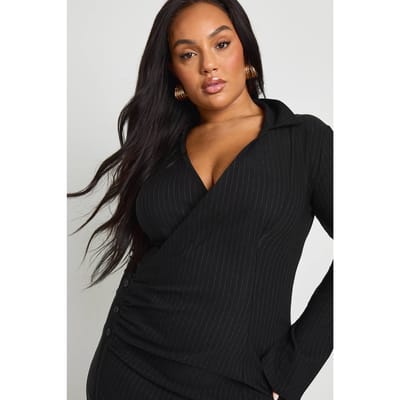 boohoo Dames Plus-size wikkel gerafelde blazerjurk | Stripe | Maat: 26