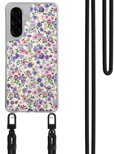 Hoesje met koord geschikt voor Samsung Galaxy A56 - Paarse bloemen - Inclusief Zwart koord - Crossbody beschermhoes - Transparant, Paars - Mooie Telefoonhoesjes