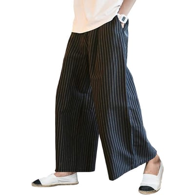 [YIMANIE] Wijde Broek, Hakama Broek, Heren, Geitenleer Broek, Japanse Stijl Broek, Grote Silhouet, Losse Pasvorm, Elastische Tailleband, Trekkoord, Effen Co black