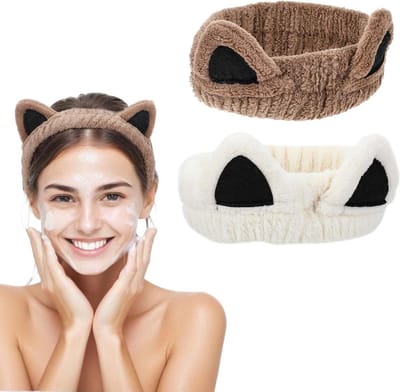 Set van 2 Schattige Kattenoren Haarbanden van Koraalfleece voor Make-up, Spa en Sport - Elastische Hoofdband voor Dames, Ideaal voor Douche en Huidverzorging