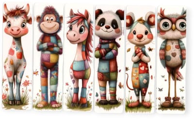 Viwado® Betoverende Patchwork Dieren Bladwijzers Set - Koe, Aap, Paard, Panda, Muis, Uil - Vrolijke Boekenleggers Cadeau (6 Stuks)
