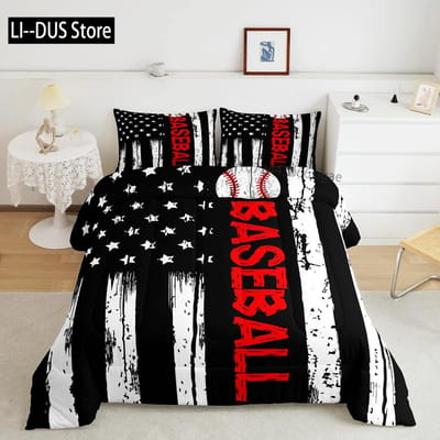 Amerikaanse Vlag Beddengoed Set Honkbal Sport Dekbed Set 3 Delen voor Kinderen Tieners Volwassenen Kamer Decor Dekbedovertrek met 2 Kussenslopen AU Single(140*210cm)3pcs
