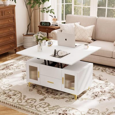 Verstelbare salontafel - Woonkamertafel met lade - Eten en werken - 3-in-1 lift design - 100x50x50 cm - Wit
