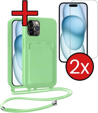 Hoesje Geschikt voor iPhone 14 Pro Hoesje Met Telefoonkoord en Pasjeshouder Met 2x Screenprotector Siliconen - Hoes Geschikt voor iPhone 14 Pro Hoesje Met Kaarthouder Case - Groen