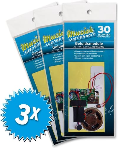 3x Geluidsmodule 30 seconden - geactiveerd door openslaande beweging - zelf opneembaar - spreek je eigen boodschap in - Muziekwenskaart - simpel te verwerken
