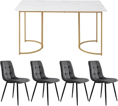 Marmerlook-MDF-Eetgroep-Vier-Zitplaatsen-140x80cm-Verstelbaar-Poten-Hoge-Draagkracht