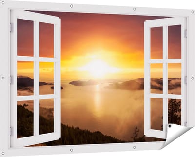 Gards Tuinposter Doorkijk Zonsondergang in de Bergen met Wolken - 150x100 cm - Tuindoek - Tuindecoratie - Wanddecoratie buiten - Tuinschilderij