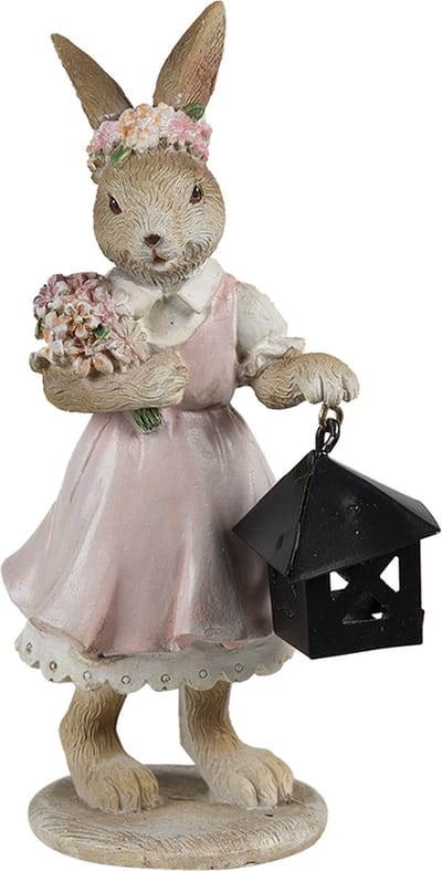 Clayre & Eef Beeld Konijn 7x6x14 cm Roze Beige Polyresin Woonaccessoires