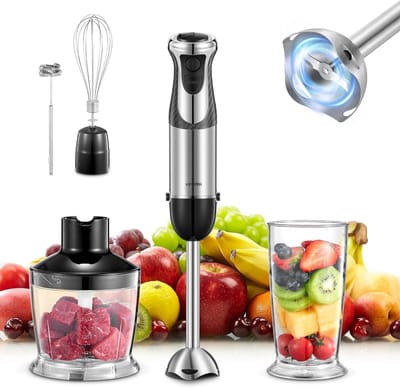 Krachtige 5-in-1 Staafmixer met RVS, 1000 W, 12 Snelheden, Inclusief Klopper en Melkschuimer, Perfect voor Pureren en Hakken van Voedsel