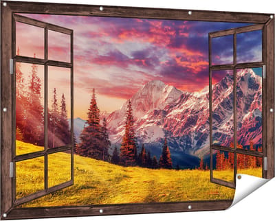 Gards Tuinposter Doorkijk Alpen Landschap met een Kleurrijke Hemel - 150x100 cm - Tuindoek - Tuindecoratie - Wanddecoratie buiten - Tuinschilderij