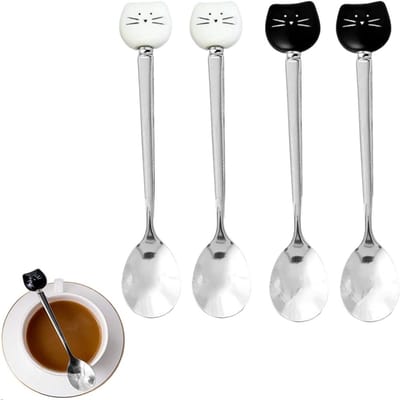 4 stuks - Schattige lepel met kattenkop - honinglepel - Dessert Bestek - Koffielepel - cake dessertlepel - Theelepels - ijslepels - wit en zwart - 16*2.6 cm - geschikt voor keuken, theekransje, feest - Een must-have voor kattenliefhebbers