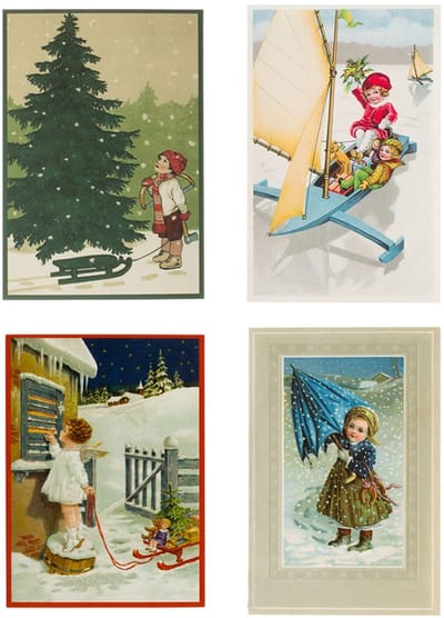 Nostalgische kerstkaarten - 4 stuks - Franz Josef - Klassieke Vintage afbeeldingen - Winter - Sneeuw - Feestelijk - Jaarwisseling - Oude Brocante kerstkaarten 15X10,5 en 14X9
