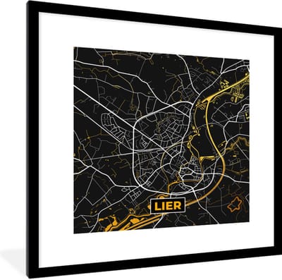 Fotolijst incl. Poster - Plattegrond - Lier - Goud - Stadskaart - Kaart - 40x40 cm - Posterlijst